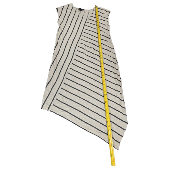 Tahari Wom LG Asymmetrical Striped Linen Blend Short Sleeve Dress Tan Black EUC - Picture 9 of 11